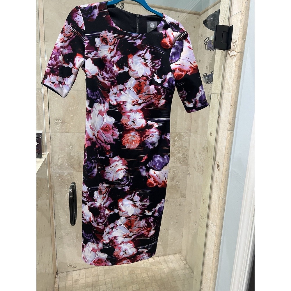 Vince Camuto Floral 3/4 Sleeve  Bodycon Dress Size 6 Midi Pink Purple Black New
